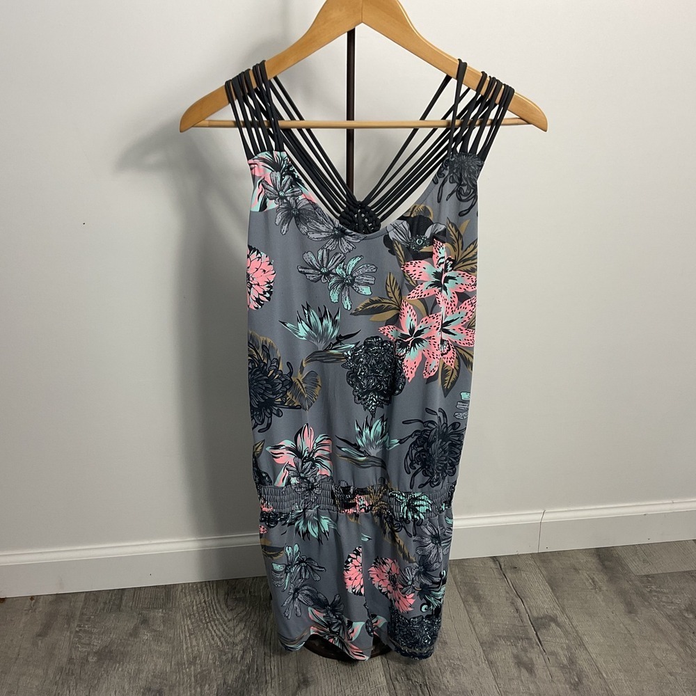Maaji Gray Floral  Romper Swimsuit Cover Up Black Strappy Back Medium